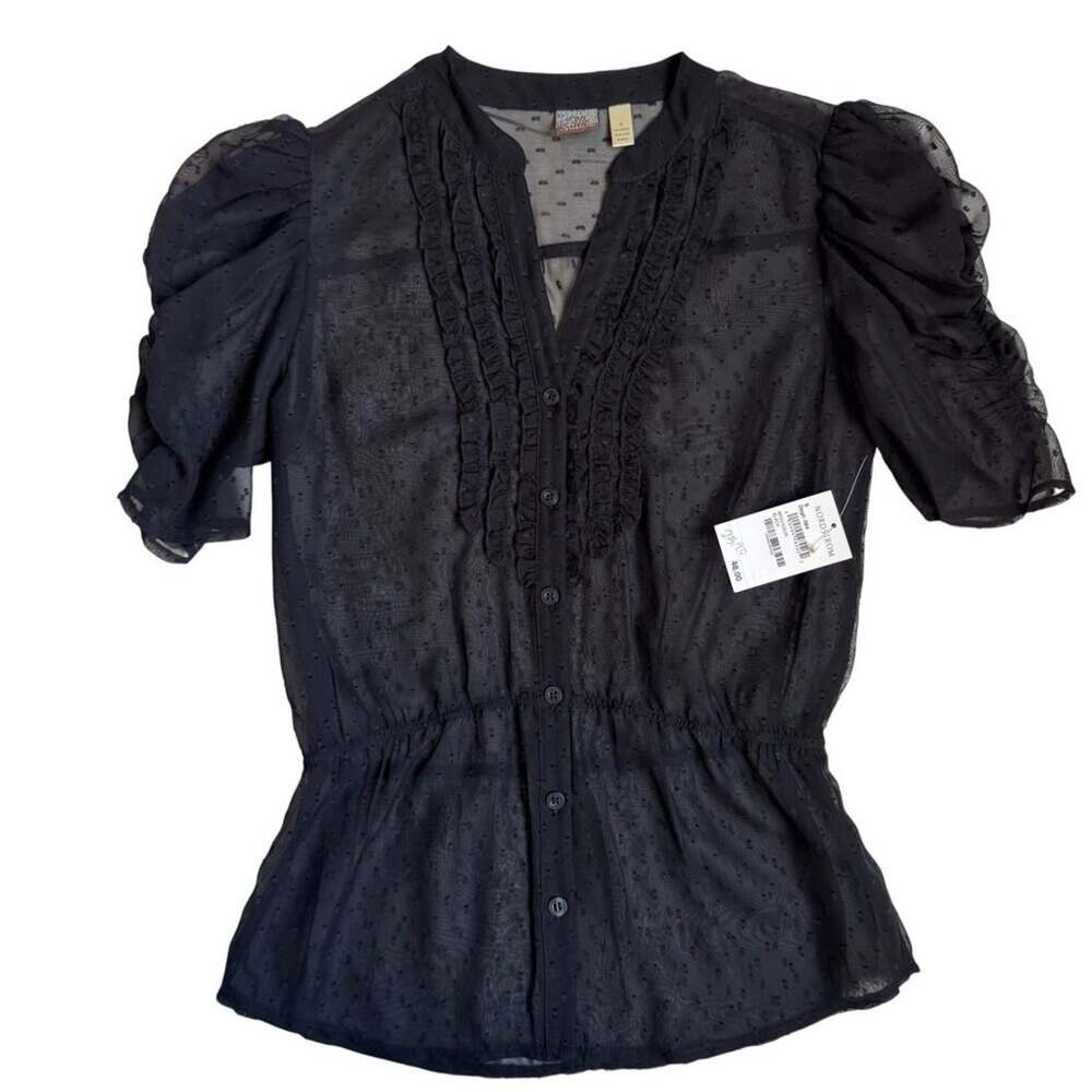 NWT Susina Black Sheer Dotted Blouse with Ruffles - Size Small